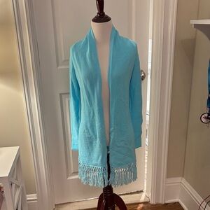 Lilly Pulitzer Turquoise Knit Sweater with Fringe Detail.